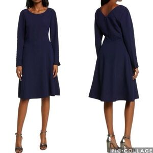 Tahari ASL Button Sleeve‎ Crepe A-Line Dress Navy Blue 4